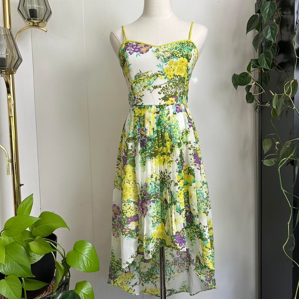 Forever 21 Floral High Low Midi Dress Green Yellow Purple Smocked Small NWT